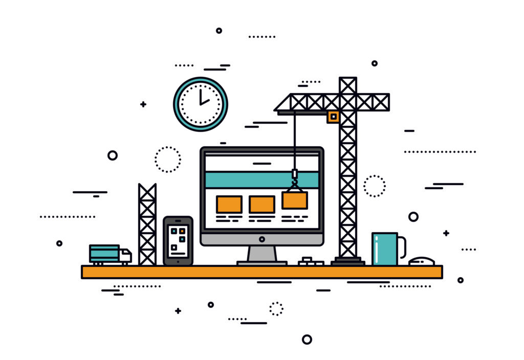Illustration zum Thema Website in Bearbeitung. Ein Computerbildschirm steht auf einem Schreibtisch, LKW und Baukran arbeiten am Inhalt des Bildschirms.