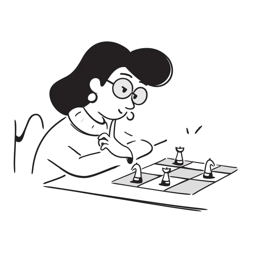 Illustration einer Frau beim Schachspielen, Strategie.