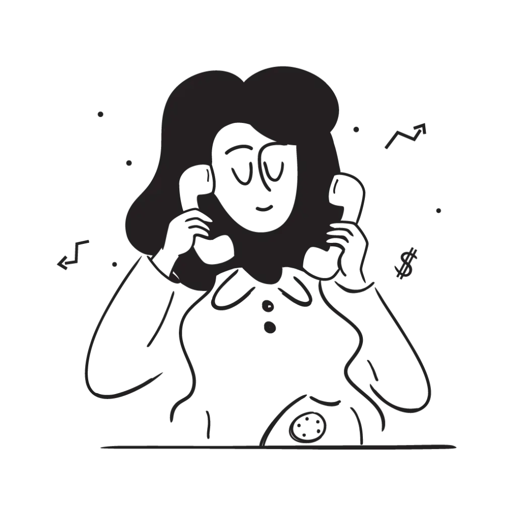 Illustration einer Dame, die mit zwei Hörern gleichzeitig telefoniert.