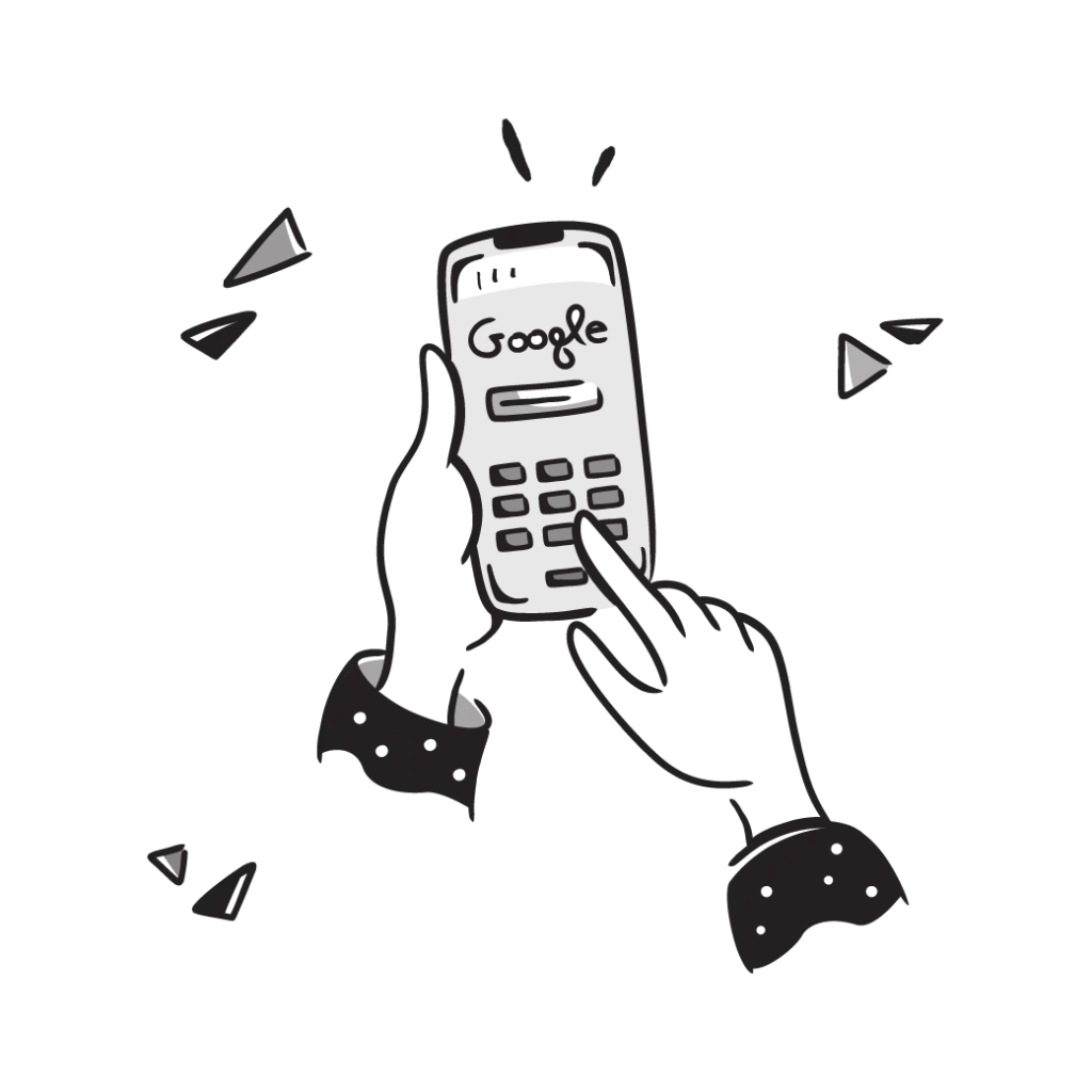 Illustration von zwei Händen und einem Smartphone beim Googeln.