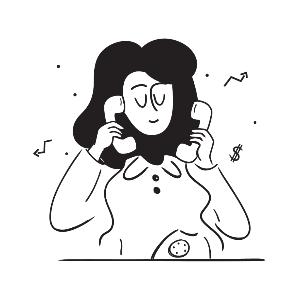 Illustration einer Dame, die mit zwei Hörern gleichzeitig telefoniert.