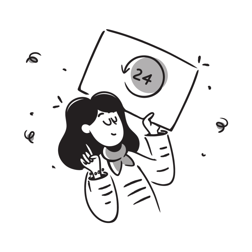 Illustration einer Frau, die ein 24-Stunden-Schild hochhält