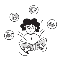 404.Inspiration Illustration einer Frau, die ein Heft aufgeschlagen hat. Um Sie herum sind Motive von einem Wal, Bergen, einem Schiff und dem Planet Saturn zu sehen.