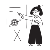 435.Pitching Illustration einer Frau, die auf eine Grafik deutet.