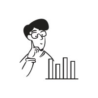 99.Report Illustration eines Mannes mit denkender Pose, der ein Balkendiagramm betrachtet.