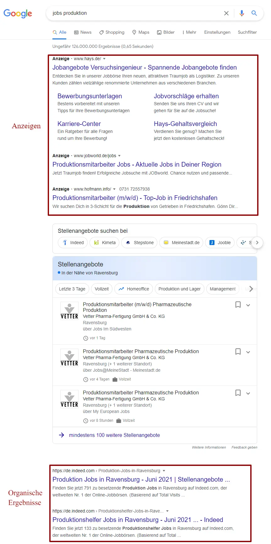 Google for Jobs Box erscheint erst nach Anzeigen und vor den organischen (klassischen) Ergebnissen